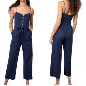 Rails Harper Jumpsuit Linen Blend Navy Blue Belted Button Front Cropped Medium